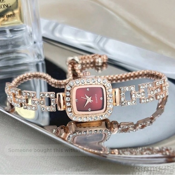 Red Square Faced Rhinestone & Gold Bolo Watch - Picture 4 of 4